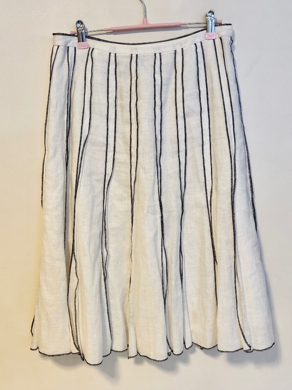 Carole Little Linen Flare Pleated Midi Skirt White Black Stripes Womens Size 4